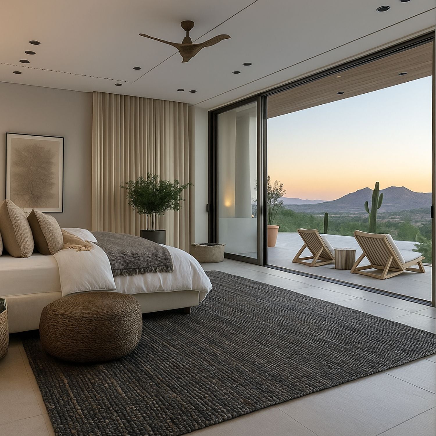 Modern bedroom with a view of a desert landscape through large glass doors.