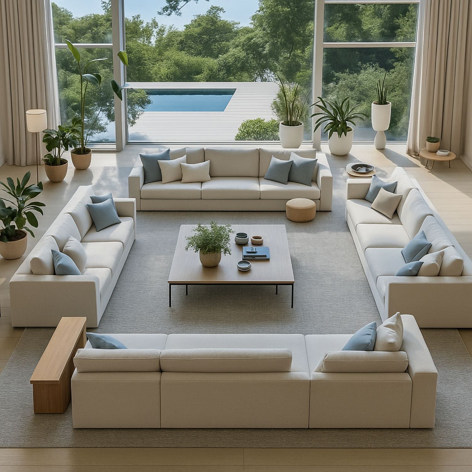 Modern living room with beige sectional sofa, coffee table, and decorative plants.