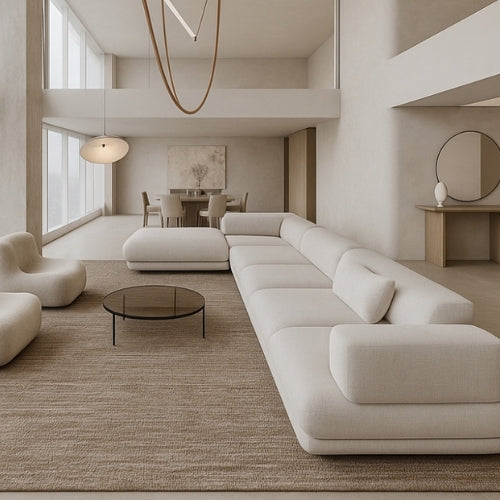 Modern living room with a large white sofa, coffee table, and minimal decor.