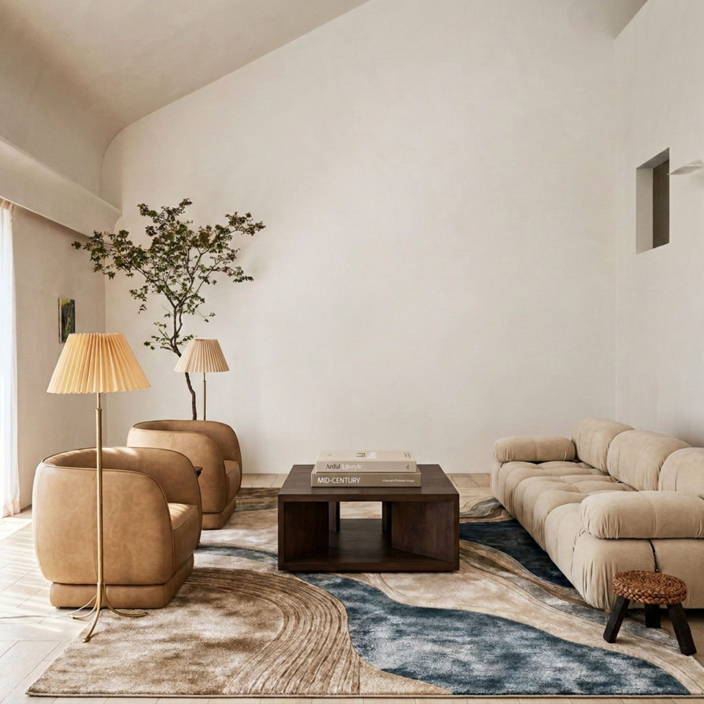 Modern luxury living room featuring Aestus handmade viscose rug