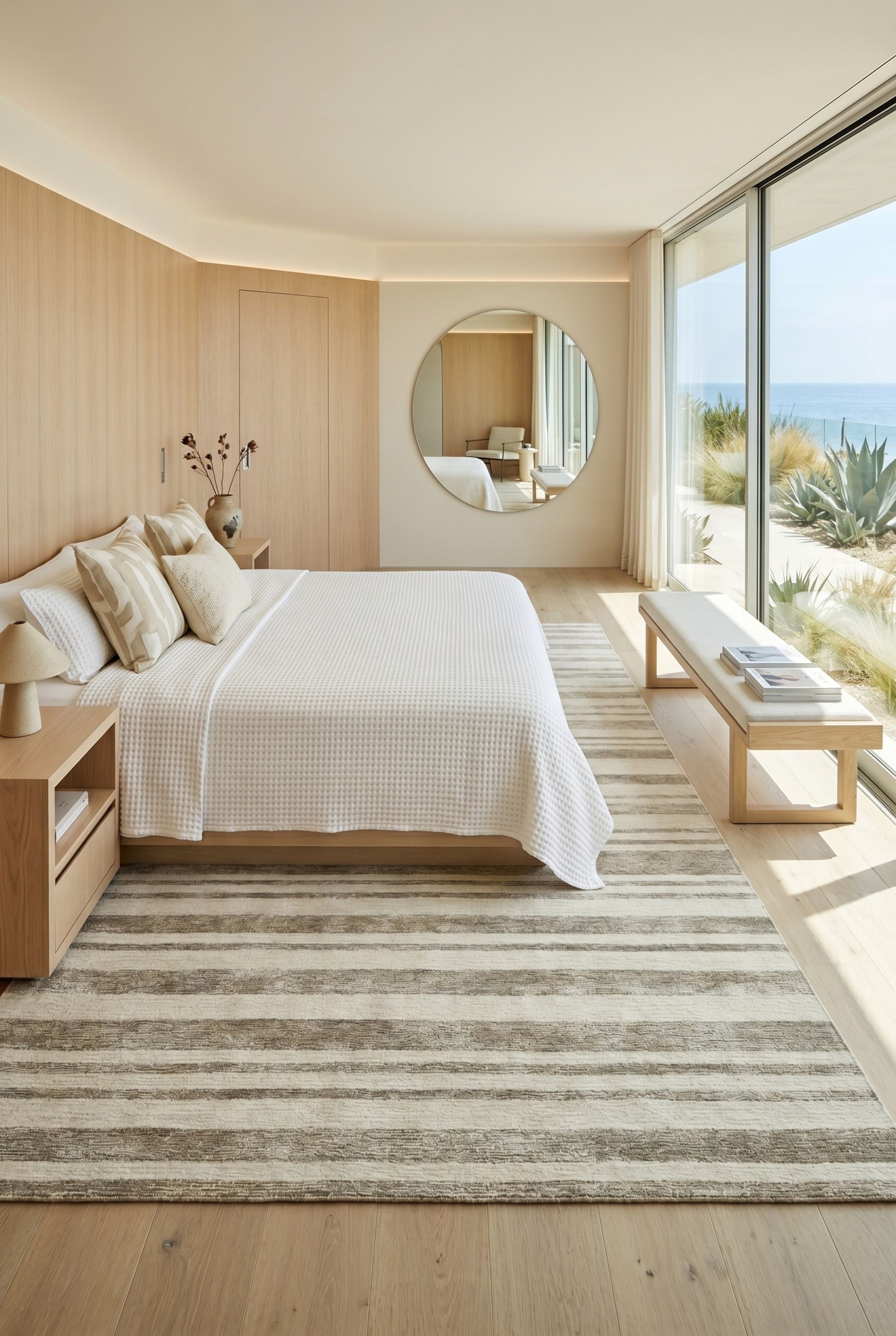 master bedroom with a natural material rug oceanfront view miami