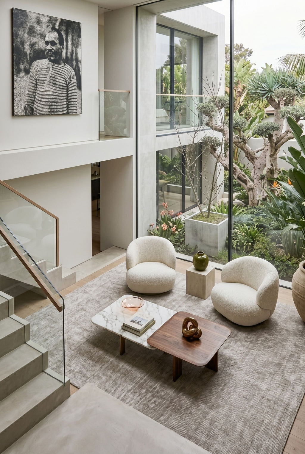 Modern living room with white chairs, a coffee table, and a staircase leading to an upper level.