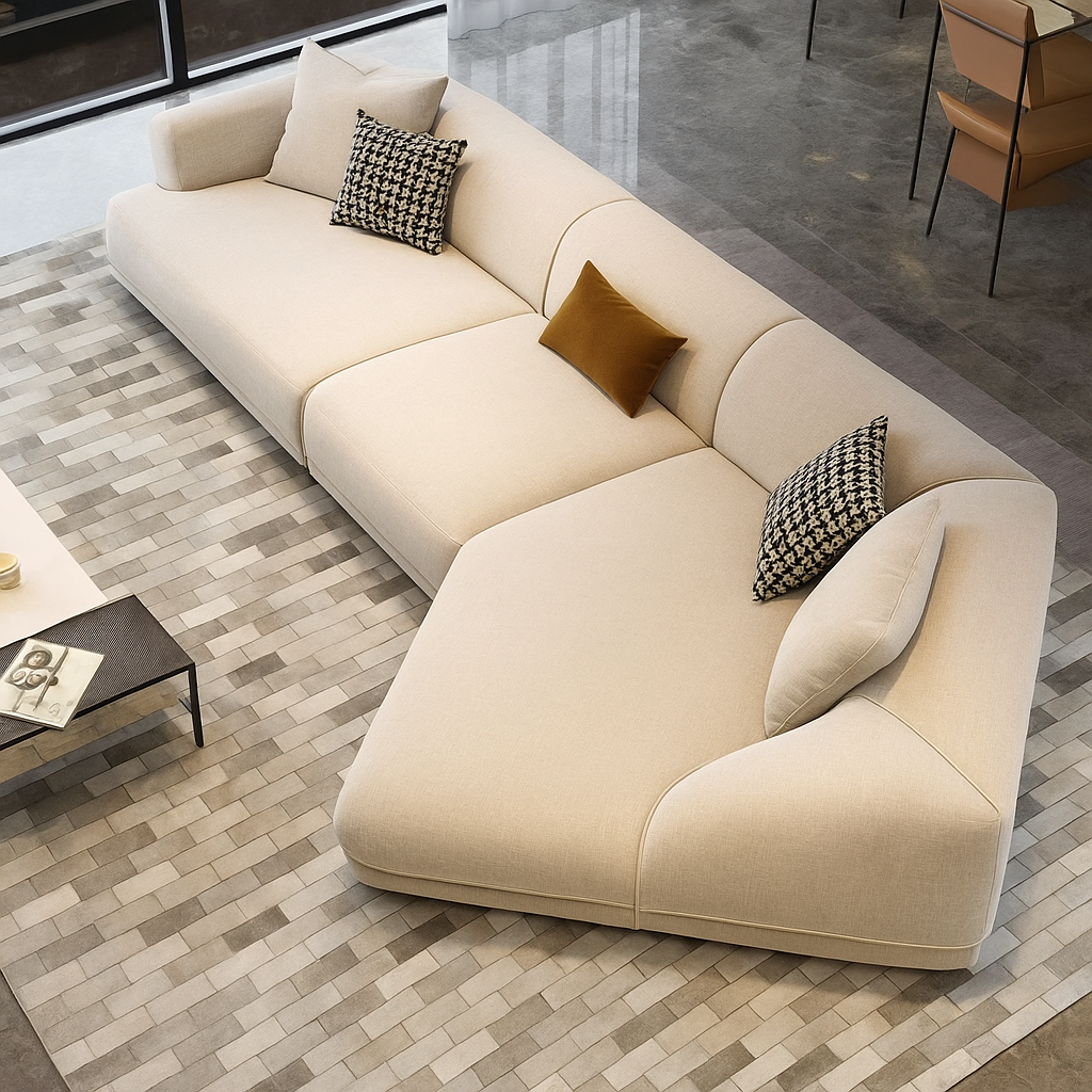 Beige sectional sofa with patterned cushions on a checkered floor