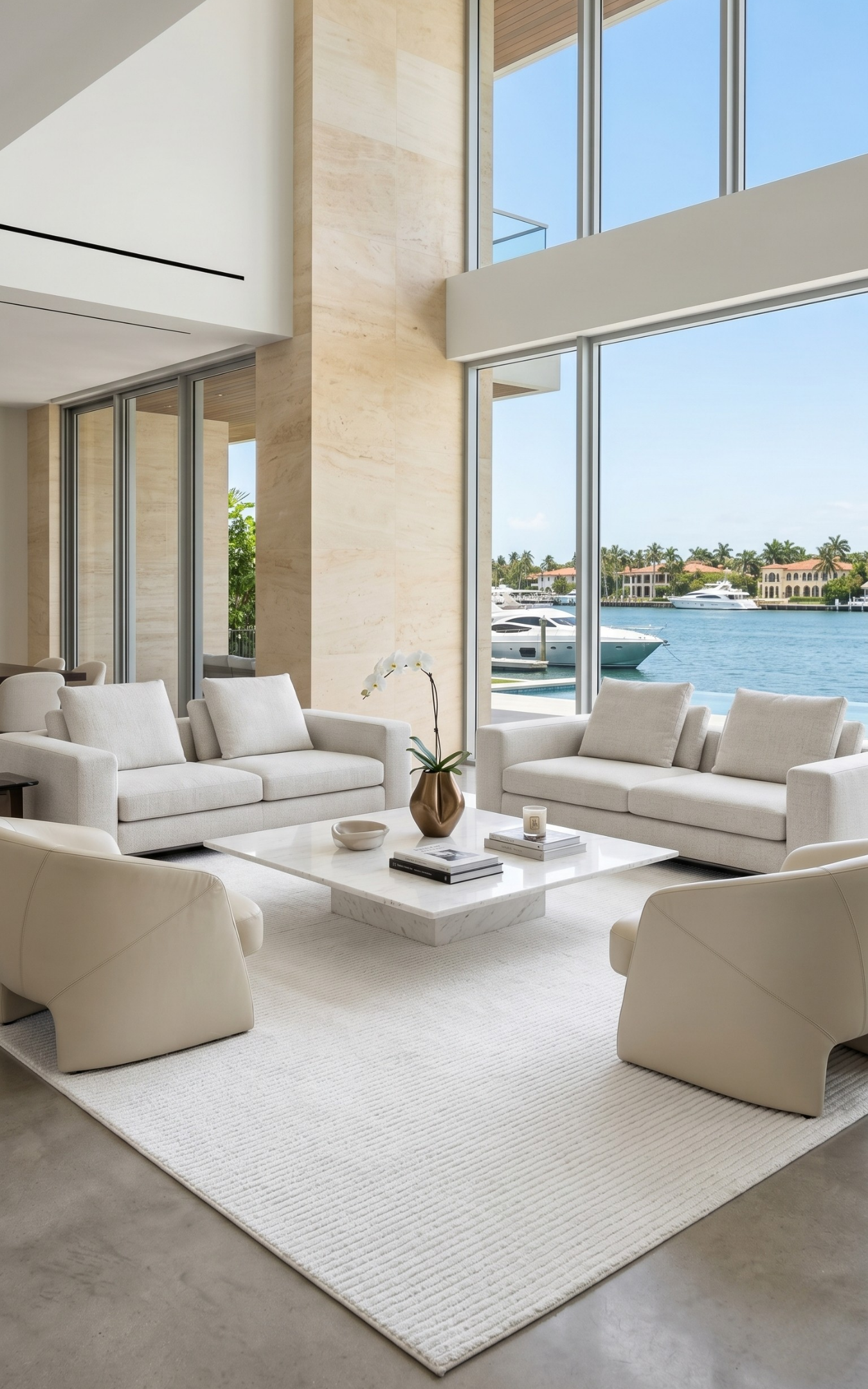 Modern living room with white furniture, white PET rug and large windows overlooking a waterfront.