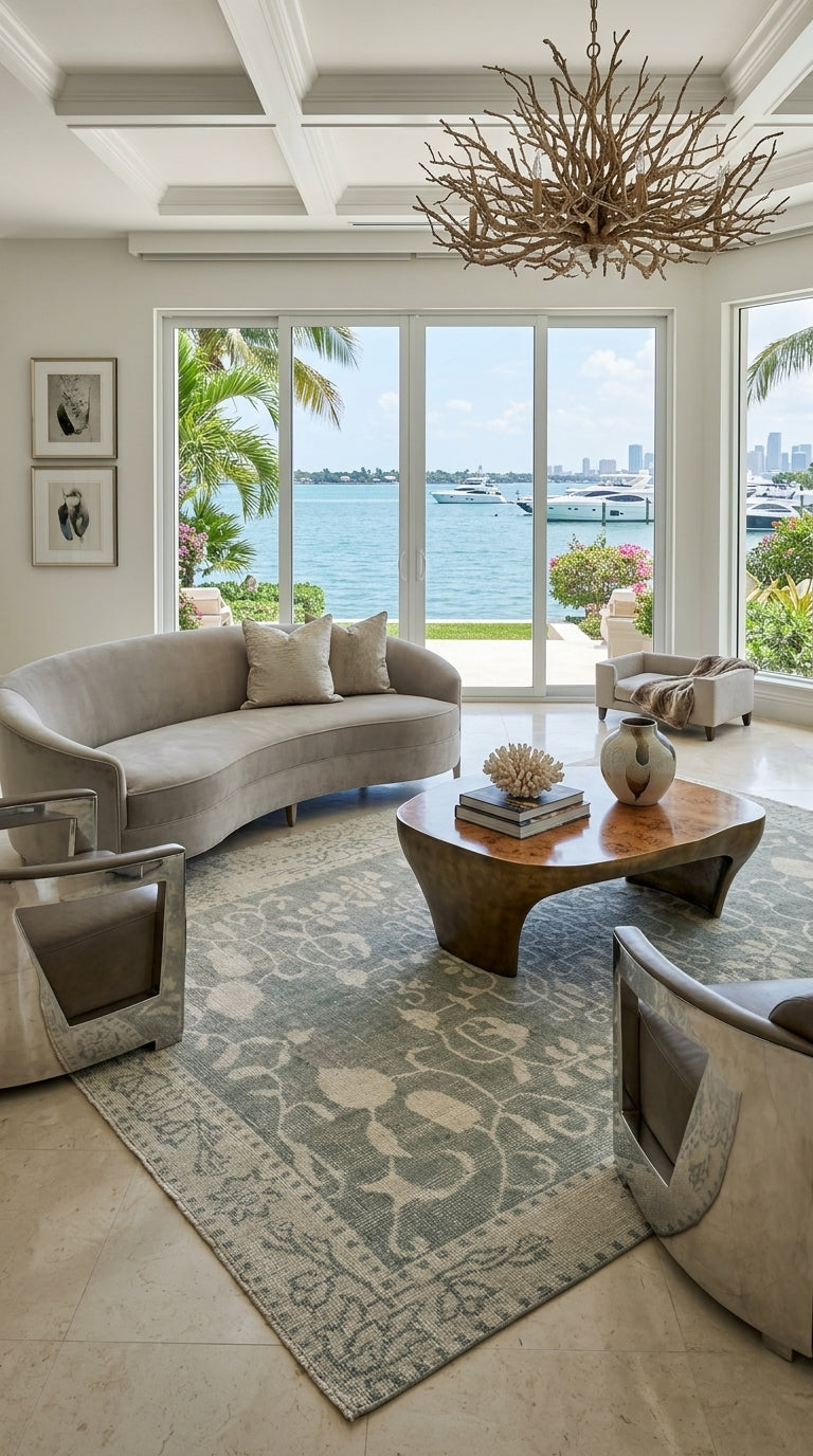 Modern living room with a view of the ocean and city skyline.