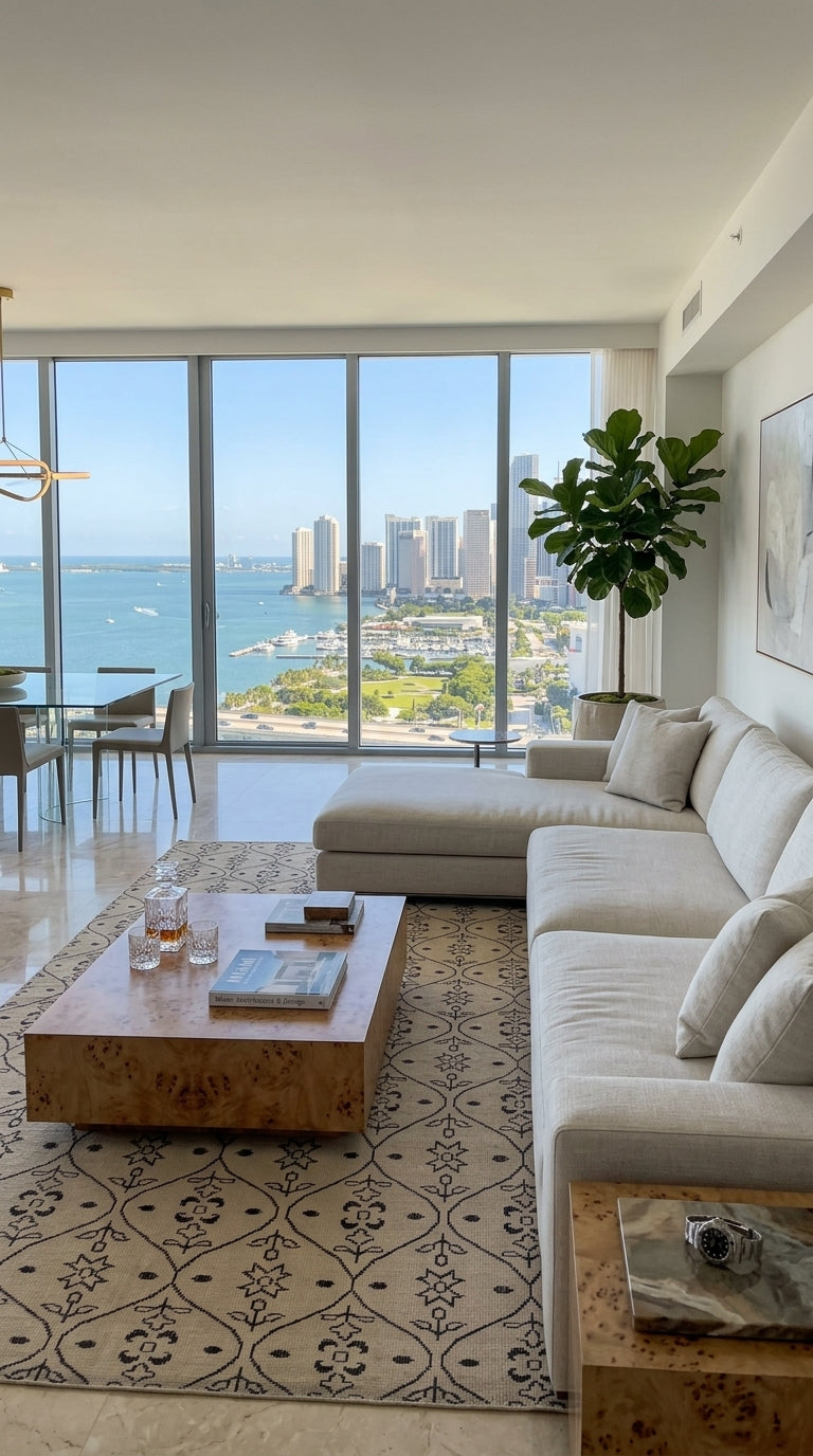 Modern living room with an amazing hand knotted rug, large window view of a city skyline and water.