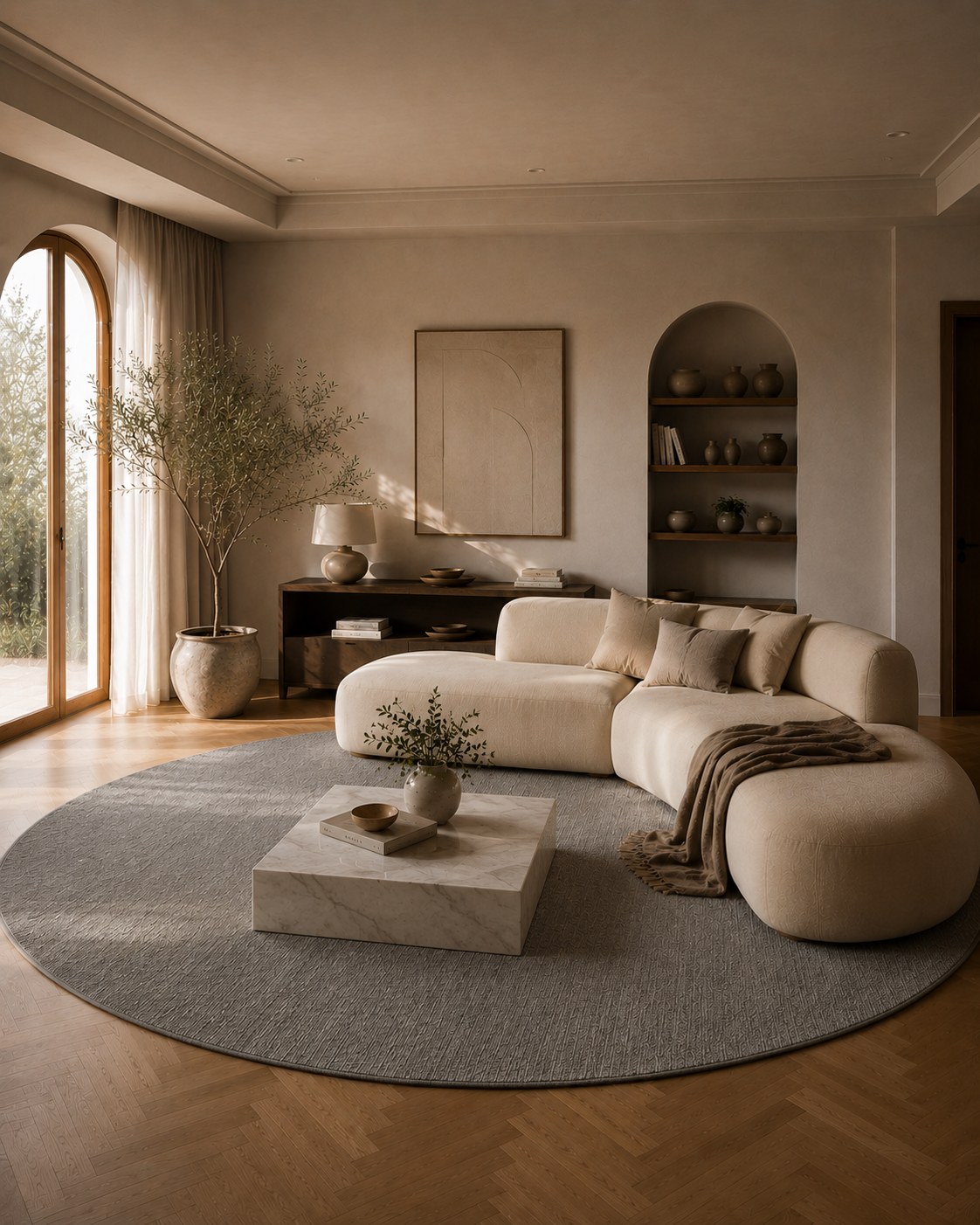 Modern living room with a beige sectional sofa, round coffee table, and decorative elements.