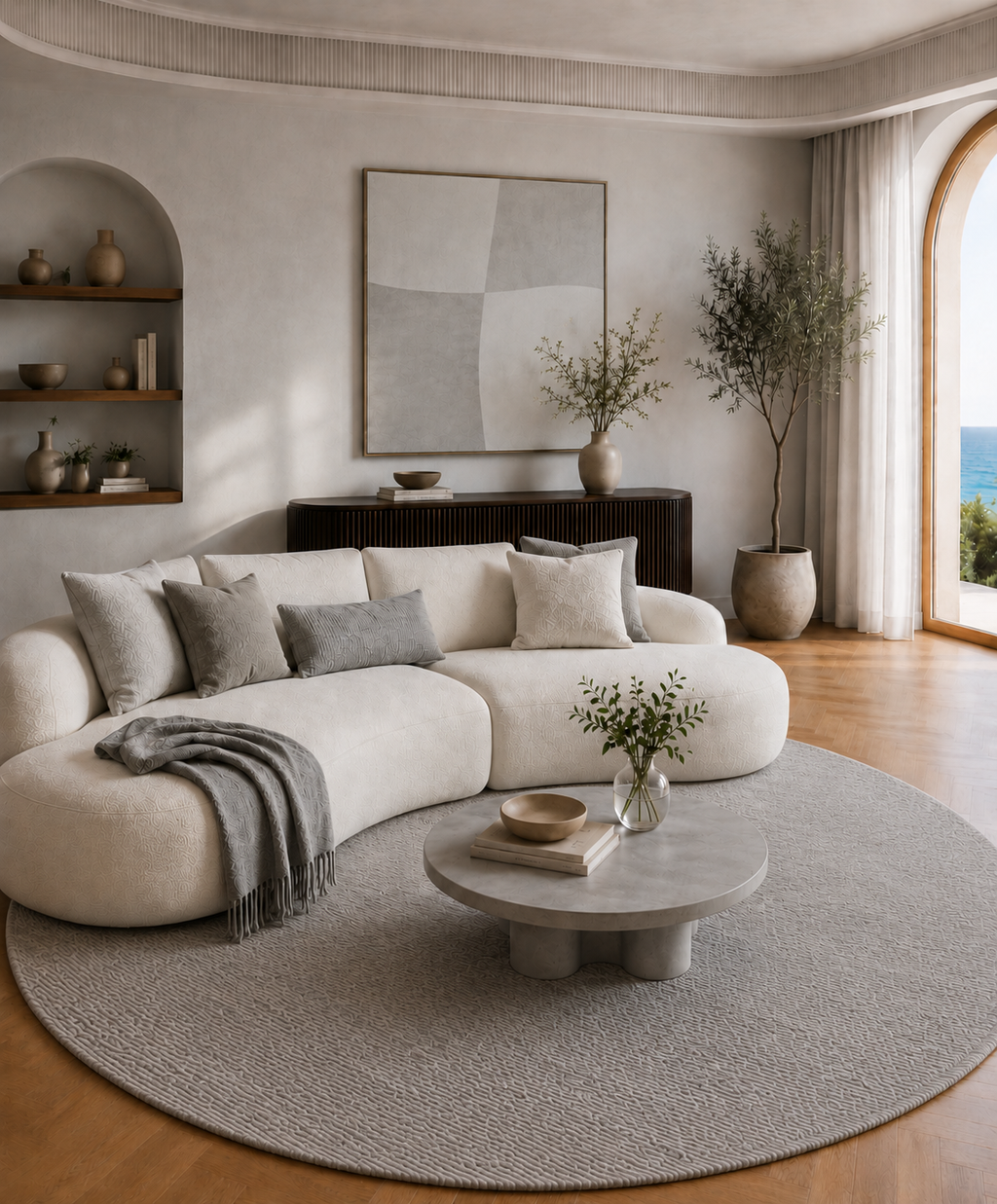 Modern living room with a white sofa, round coffee table, and decorative elements.