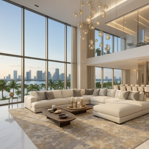 Modern living room with large windows, cityscape view, and decorative elements.