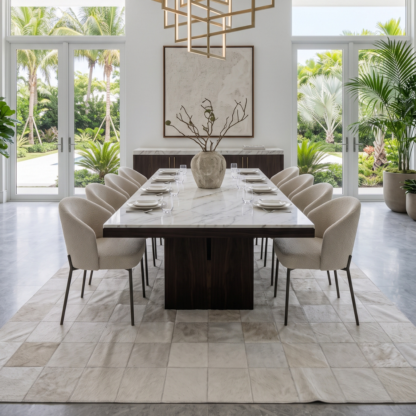 A modern dining room setup featuring a rectangular marble-top dining table with a dark wood pedestal base, surrounded by eight upholstered dining chairs. The table is set with plates and glassware, and a textured ceramic vase with dried branches sits in the center.