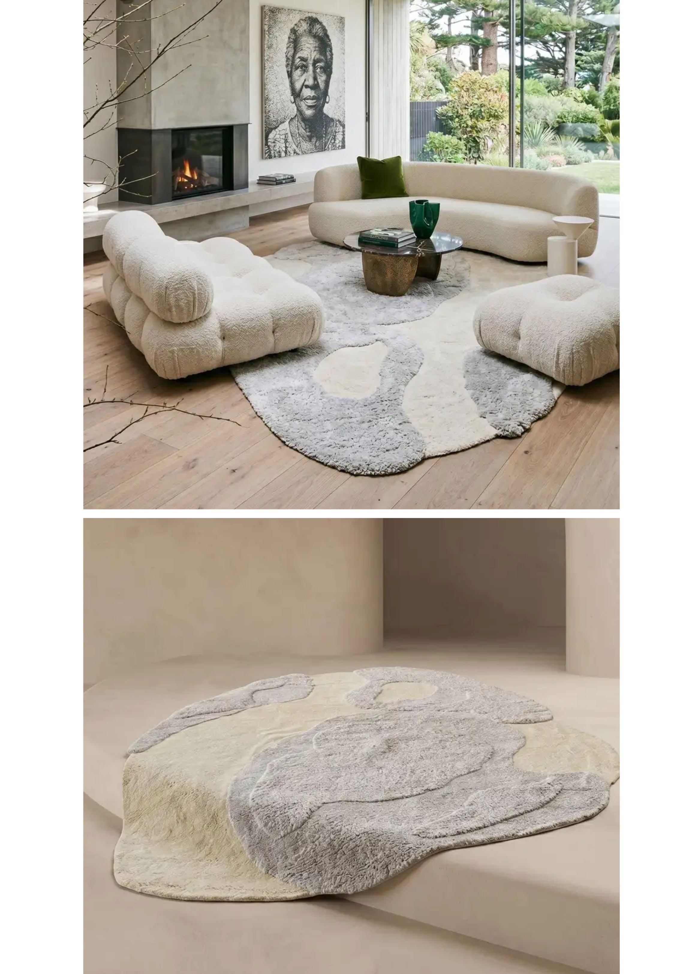Modern living room with a large abstract rug and stylish furniture and a Handmade Simba Rug by Kaymanta Miami