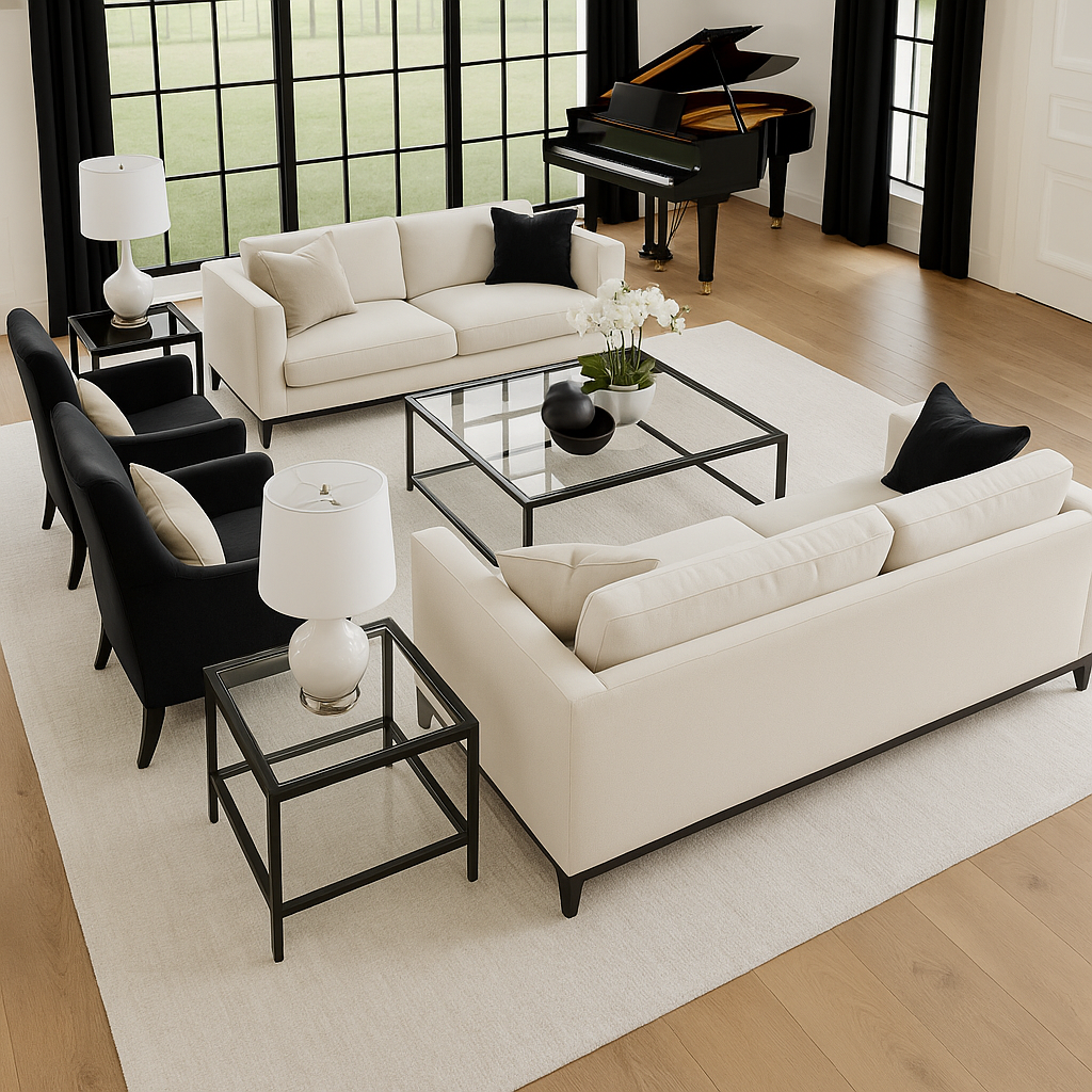 Modern living room with white sofas, black armchairs, and a grand piano.
