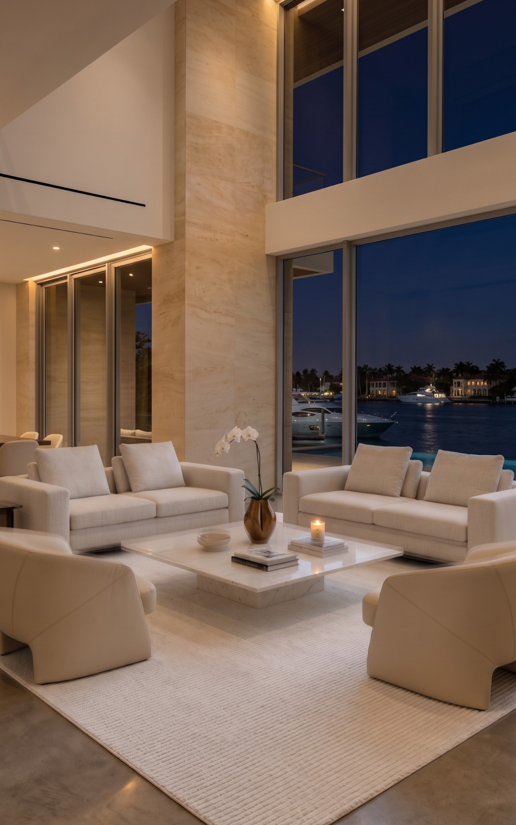 Modern living room with beige sofas, white rug and a large window view of a waterfront at night.