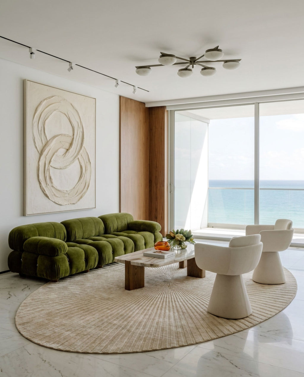 Luxury modern living room featuring Lux sculptural designer rug