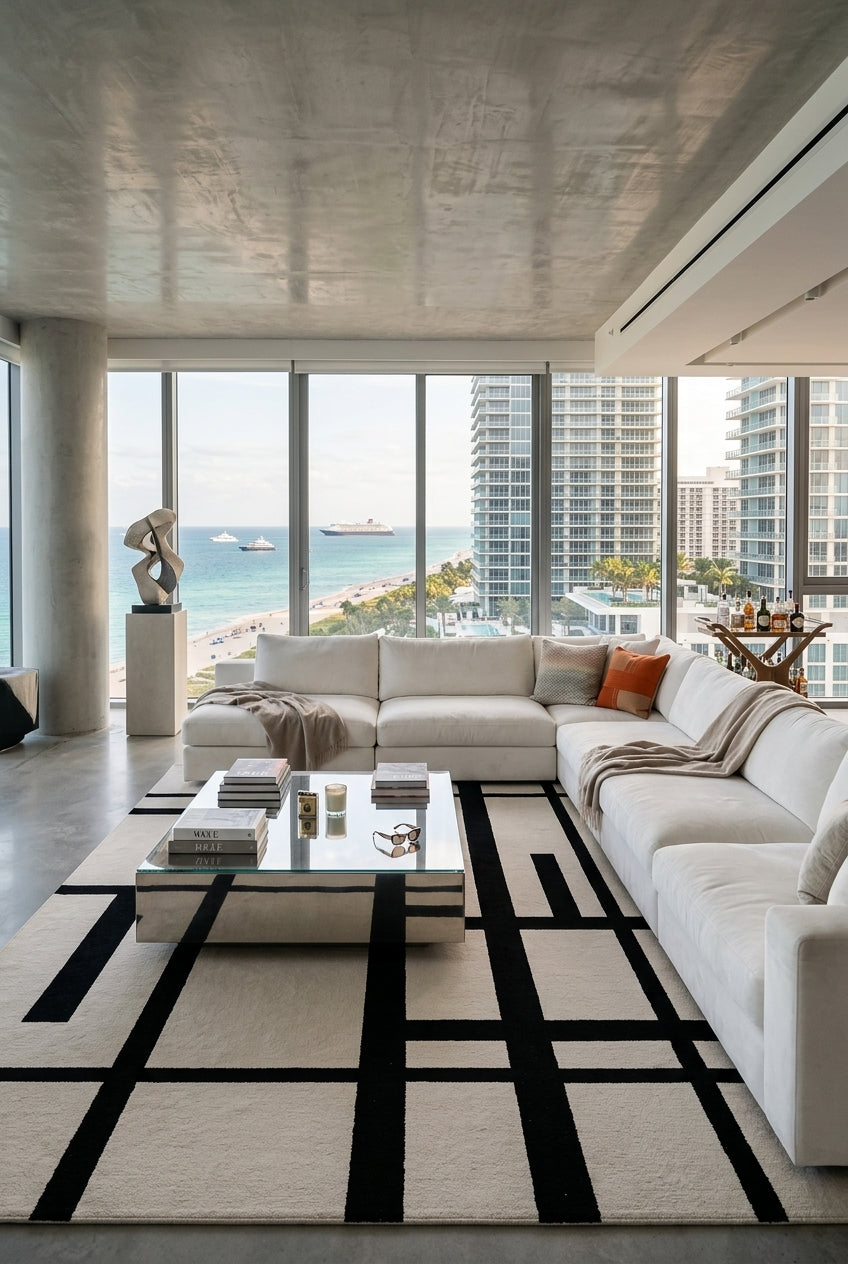 Modern living room with a large sectional sofa, handmade rug, coffee table, and cityscape view.