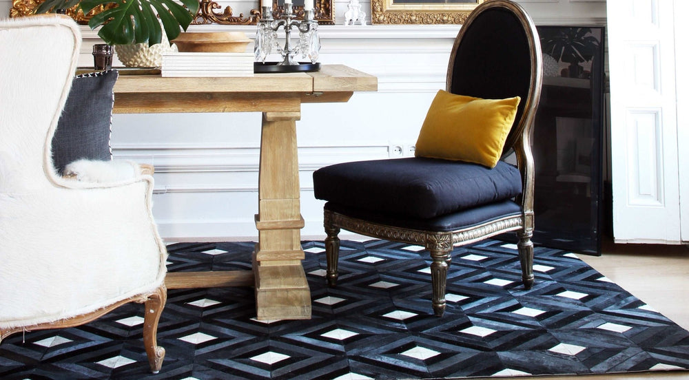 Miami handmade cowhide rug – geometric design, high-quality leather patches, modern aesthetic