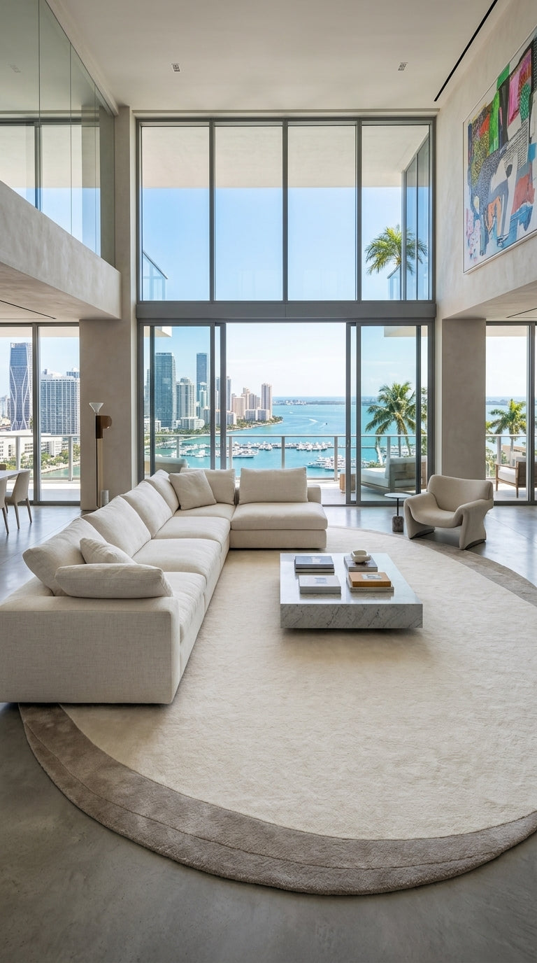 Modern living room with a large sectional sofa, coffee table, and floor-to-ceiling windows overlooking a cityscape and water.