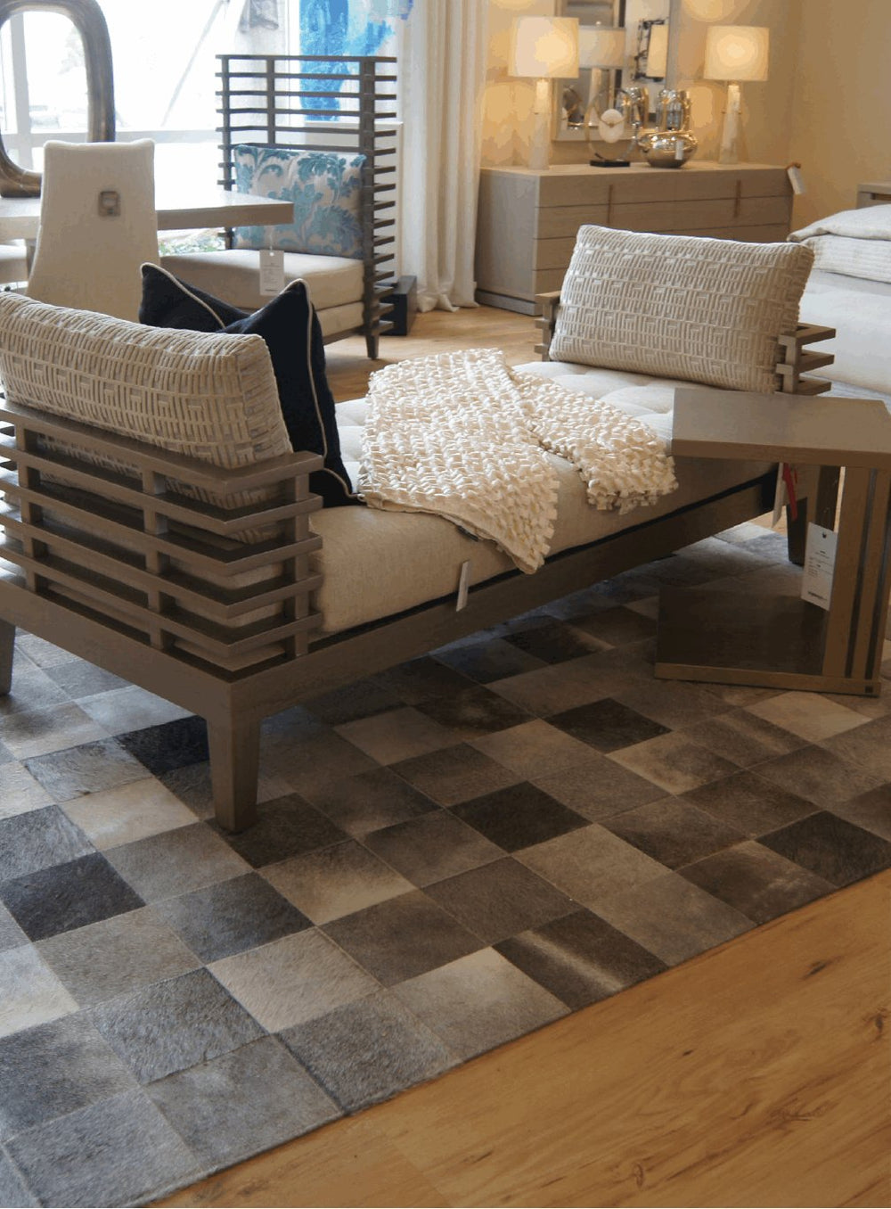 Sauce handmade cowhide rug – geometric square design, premium leather patches, high-quality and modern