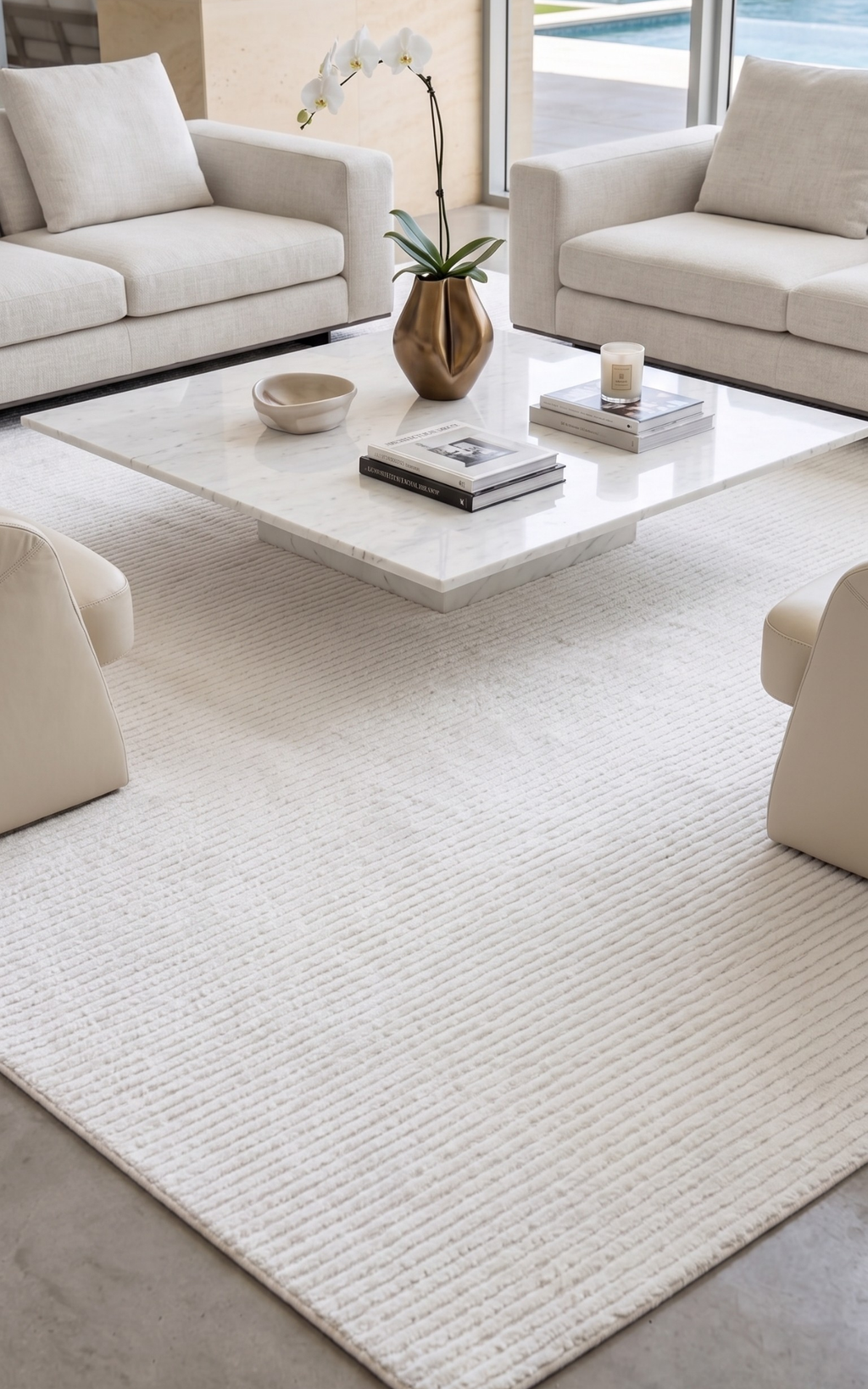 Modern living room with white furniture and a textured rug.
