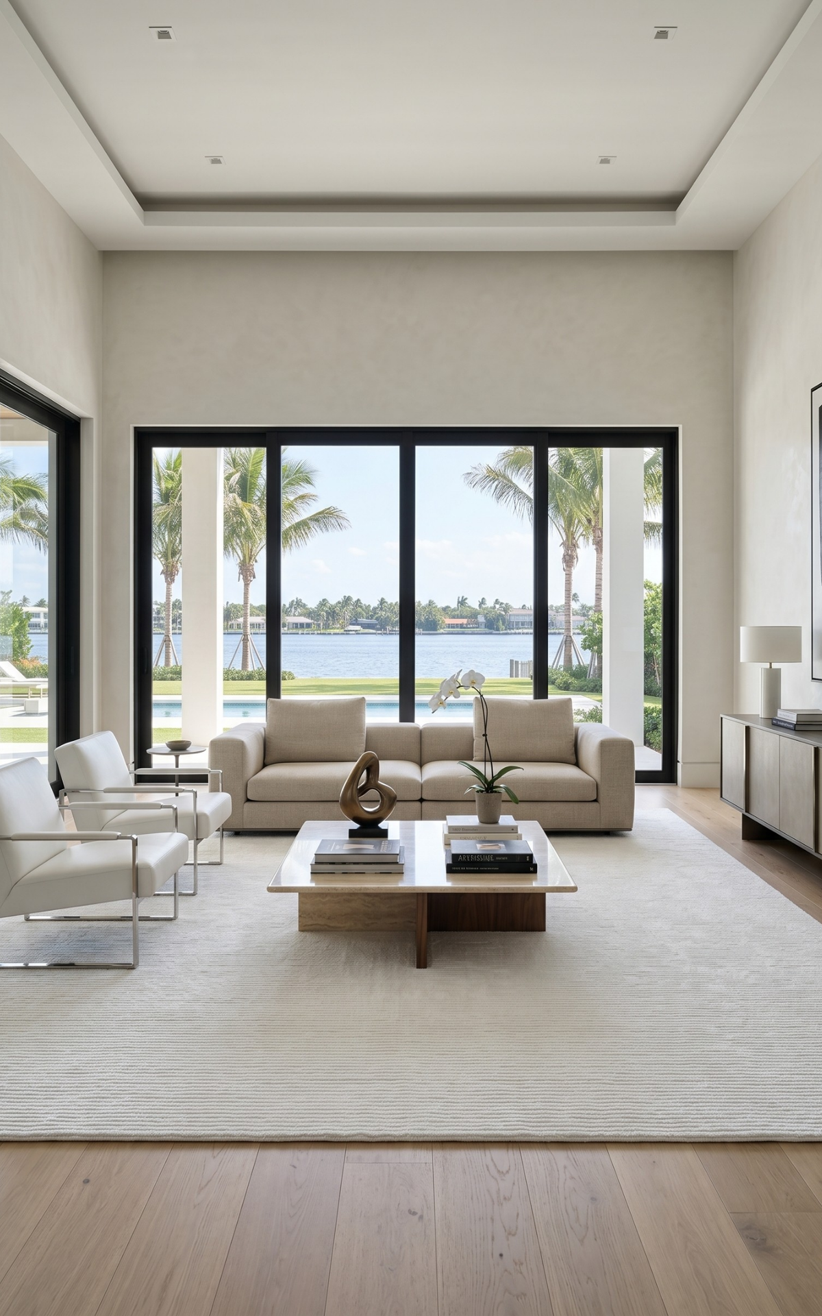 Modern living room with a large window view of water, a white PET rug and palm trees.